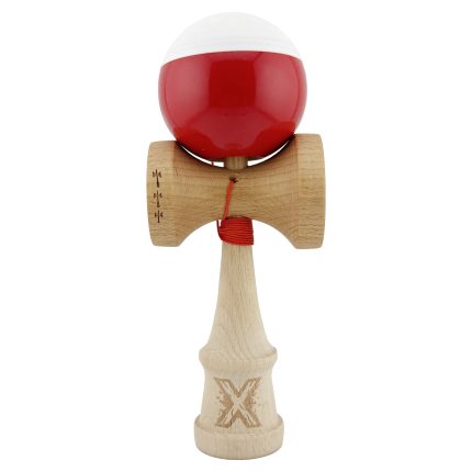 Kendama X Originala, Profesionala, Team, Big Cups V2, Super Sticky cu Cupe Mari, Rulment Metalic, din lemn 18 cm, Ata 55 cm, Alb/Rosu